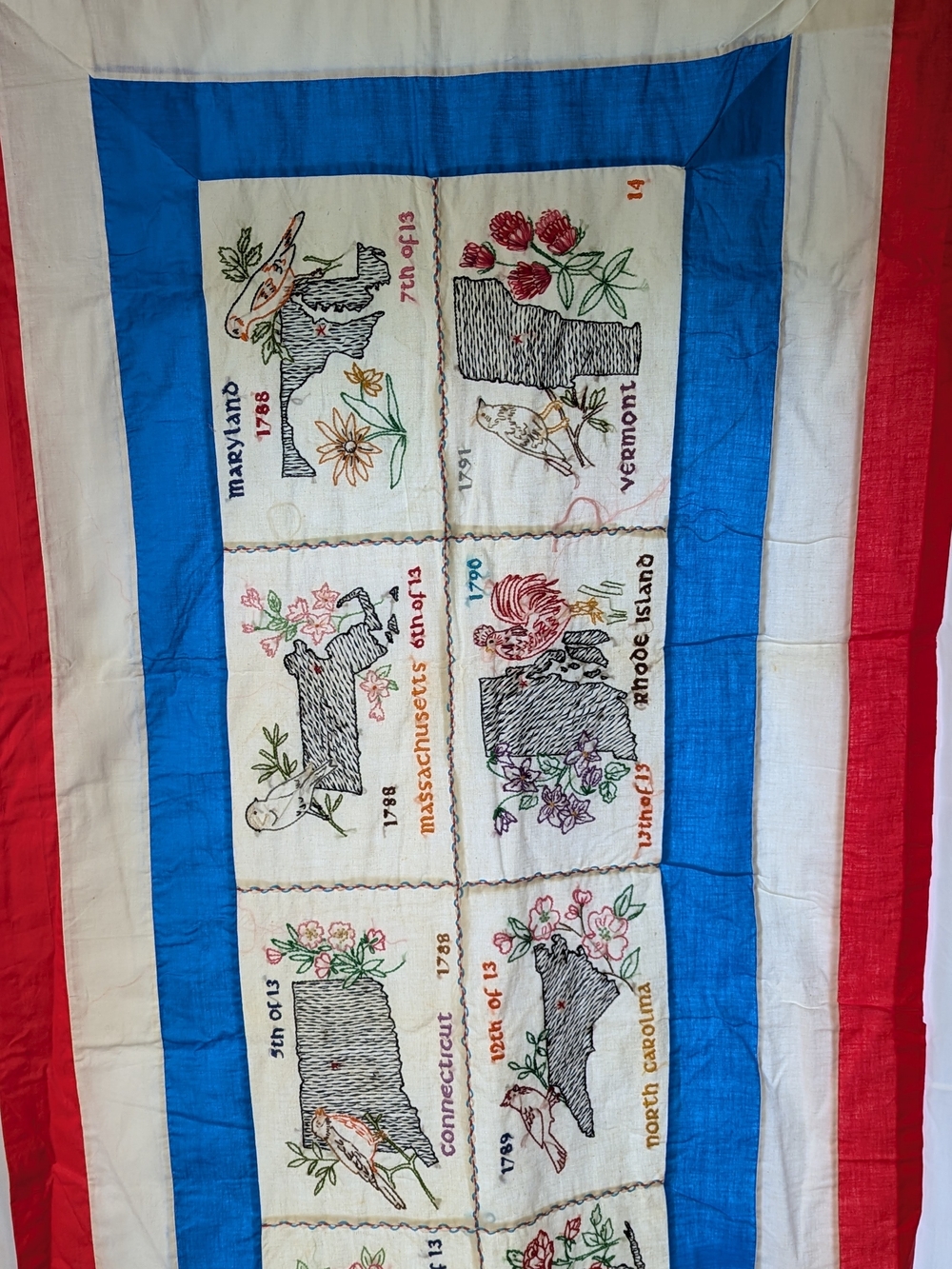 VTG Hand Embroidered  State Quilt Panel - Red, White & Blue Featuring 14 States